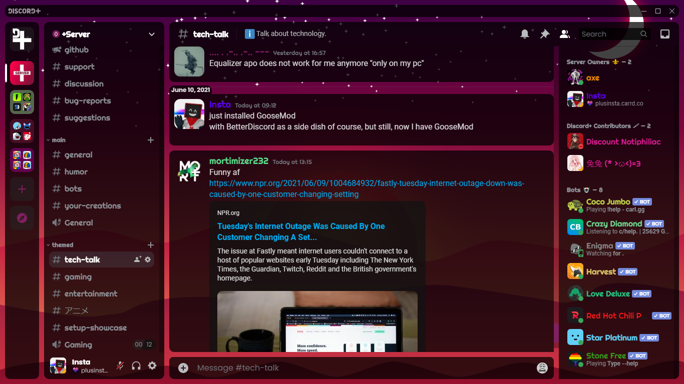 Screenshot of the Discord+ theme in dark mode with its default pinkish landscape background.